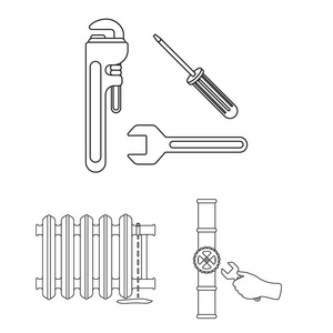 管道, 配件的轮廓图标在集合中的设计。设备和工具矢量符号库存 web 插图