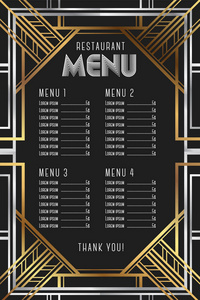 餐厅菜单模板。豪华复古 Artdeco 框架设计。矢量插图