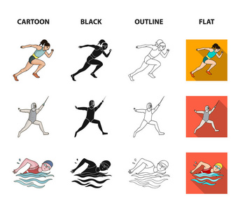 射箭, 空手道, 跑步, 击剑。奥林匹克体育集合图标在卡通, 黑色, 轮廓, 平面风格矢量符号股票插画网站