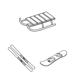 滑雪胜地和设备概要图标集合中的设计。娱乐和娱乐矢量符号股票网站插图