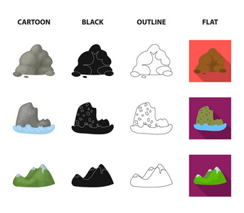 巨石, 一座圆山, 海中的岩石。不同山脉集合图标在卡通, 黑色, 轮廓, 平面风格矢量符号股票插画网站