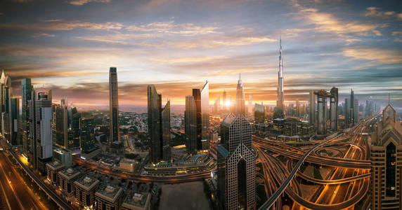 迪拜日落全景市中心。迪拜是阿联酋的超级现代城市, 大都会都市。高分辨率图像