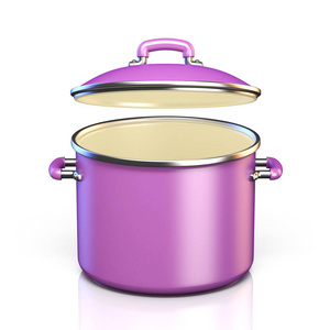 紫色烹饪壶打开盖子3d 渲染插图在白色背景下隔离