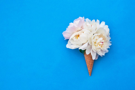 饼干冰淇淋锥, 白色牡丹花在明亮的蓝色背景。夏天的概念。复制空间, 顶部视图。极 简 主义