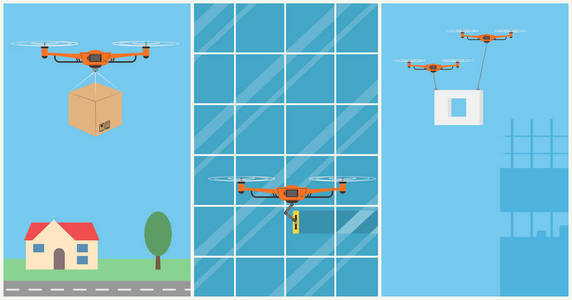 一套遥控无人机。飞机运送, 洗涤, 施工。飞过城市。平的横幅, 向量例证