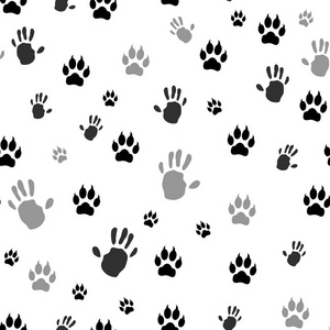 手印人和动物爪打印无缝。矢量插图。在白色背景 eps10 上隔离