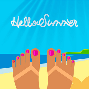 在海滩上晒黑女人的脚的暑假模板, 矢量插图