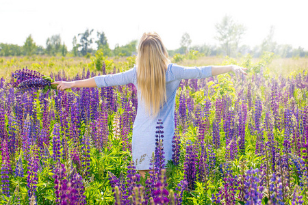 自由妇女与花束在领域与 lupines