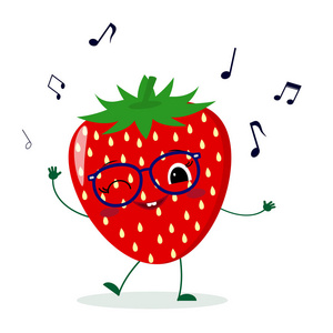 可爱的草莓卡通人物在眼镜跳舞音乐