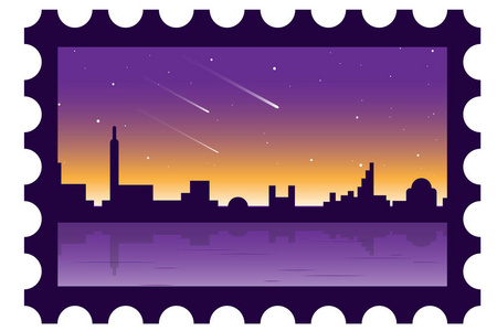 矢量插图作为一个晚上的城市景观的明信片与明星和水中的倒影