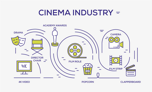 电影行业彩色图标, 矢量插图