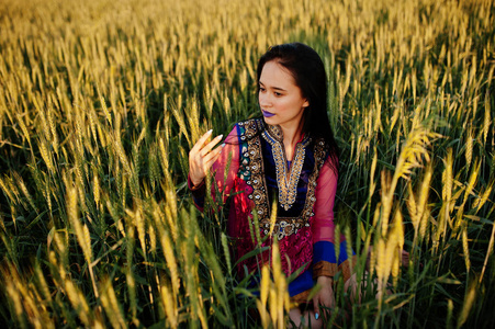 在纱丽的温柔的印度女孩, 紫罗兰色的嘴唇构成在田野上日落。时尚的印度模式