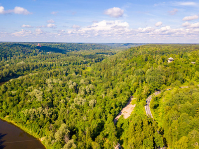 鸟瞰 Sigulda 城市与高亚河河和横跨它的桥梁与缆绳汽车在谷