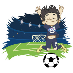 一个卡通足球运动员正在一个统一的日本体育场打球。矢量插图