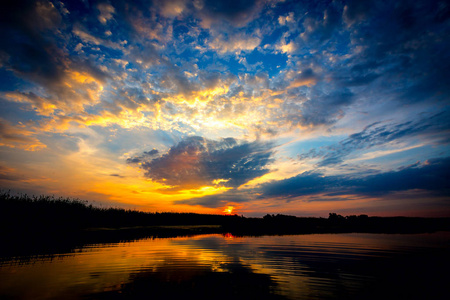 湖上壮丽的日落景色
