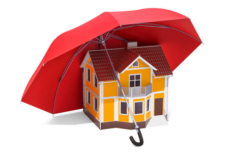 家庭安全和保护概念。雨伞下的房子, 3d 渲染