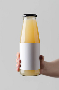 果汁瓶模拟。空白标签在灰色背景上持有果汁瓶的男性手