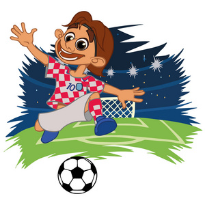 一个卡通足球运动员正在一个体育场里打球, 在统一的克罗地亚。矢量插图