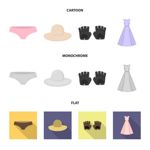 内裤, 手套, 礼服, 帽子。服装套装集合图标卡通, 平面, 单色矢量符号股票插画网站