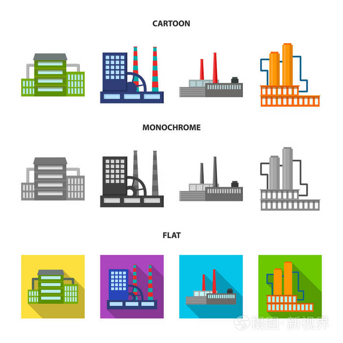 工业,生产.工厂集合图标在卡通, 平面, 单色的矢量符号股票插画网站