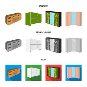 抽屉柜, 衣柜带镜, 角落柜, 白胸。卧室家具集合图标在卡通, 平, 单色风格矢量符号股票插画网站