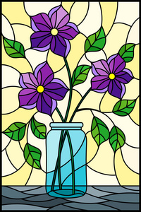 插图在彩色玻璃风格与静物, 在一个黄色的背景玻璃罐子里的紫色花朵花束