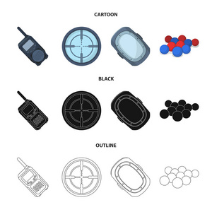 球与油漆和其他设备。彩弹单图标卡通, 黑色, 轮廓风格矢量符号股票插画网站