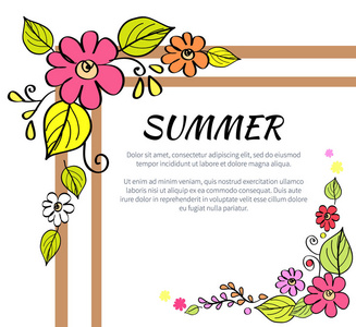 夏季文本与花框矢量插图