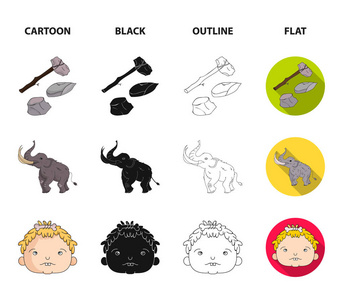 武器, 锤子, 大象, 猛犸象。石器时代集图标卡通, 黑色, 轮廓, 平面风格矢量符号股票插画网站