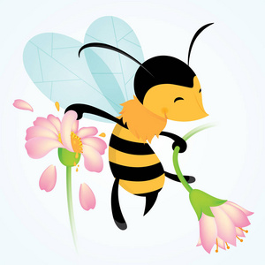 卡通蜜蜂玩花的矢量图解