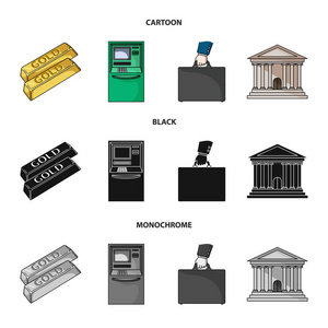 金条, Atm, 银行大楼, 一箱钱。货币和金融集合图标在卡通, 黑色, 单色风格矢量符号股票插画网站
