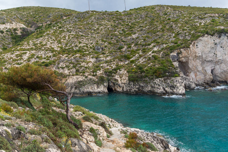Limnionas 海滩海湾在希腊扎金索斯岛的全景