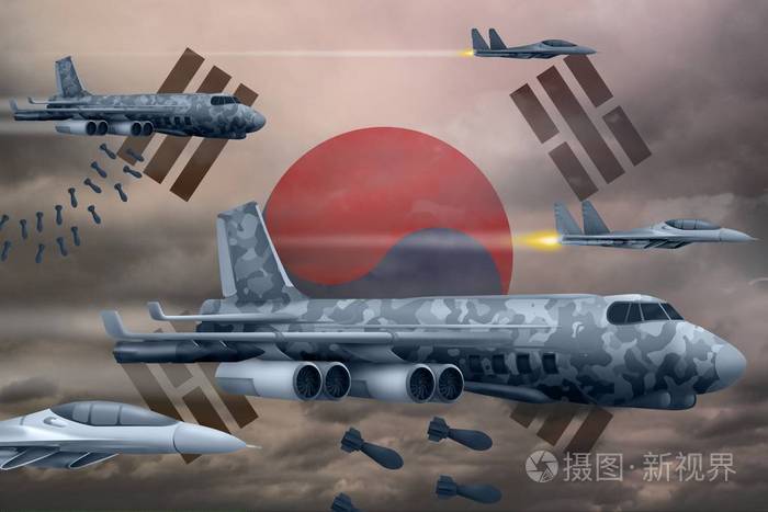 现代大韩民国 (南韩) 战争飞机轰炸在旗子背景.3d 插图