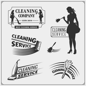 一套清洁服务标志与美丽的年轻女仆。Clining 徽章, 标签和设计元素。复古风格