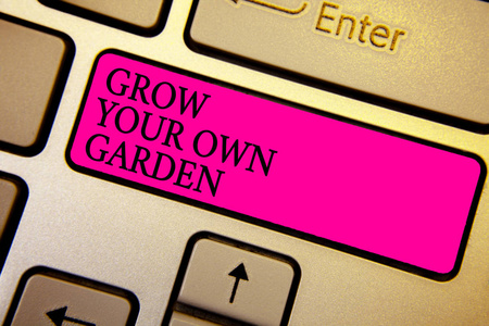 手写文字会增加你自己的花园。概念意义有机园艺收集个人蔬菜水果水晶橙电脑键盘粉红色按钮手写文本输入单词