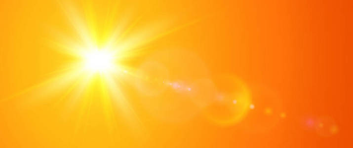 阳光明媚的背景下，橙色太阳与镜头光晕，矢量夏天插画