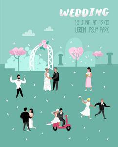 婚礼的人卡通新娘和新郎人物海报卡. 浪漫的仪式元素与幸福的情侣。矢量插图