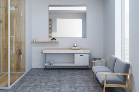 舒适的浴室内饰与白色的墙壁, 一个木制淋浴与玻璃门, 水槽和灰色的沙发。3d 渲染