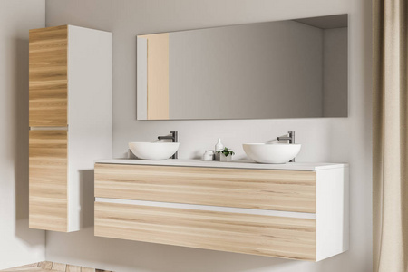 两个浴室水槽的侧面视图站在一个木制的货架上, 在一个木地板的白色墙壁浴室。角落里有个壁橱。3d 渲染模拟