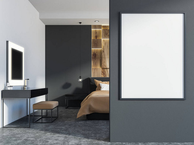 主卧室内部带有木质和灰色的墙壁, 一层混凝土地板和一张双人床。墙附近的化妆台和垂直海报框架3d 渲染模拟