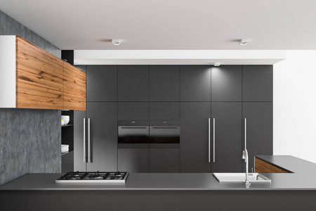 灰色厨房柜台在一个时髦的内部与灰色墙壁和木橱柜。一个温馨的家的概念。3d 渲染模拟