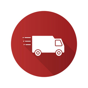 送货面包车平面设计长阴影字形图标。快速运输。货运。矢量剪影插图