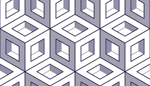 几何立方体抽象无缝模式, 3d 矢量背景。技术风格工程线绘制无尽插图