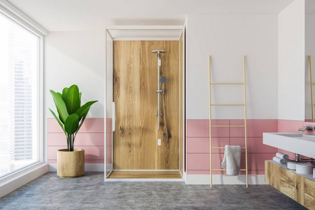 木制淋浴与玻璃门站在白色和粉红色的墙壁浴室与全景窗口和混凝土地板。3d 渲染