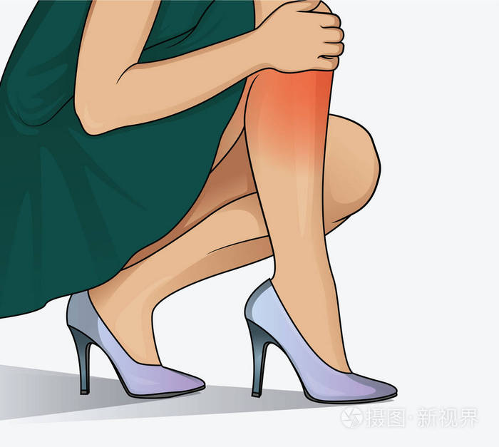年轻女子患腿痛,不舒服的鞋子,高跟鞋原因