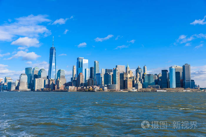 曼哈顿下城全景从哈德逊河, 纽约市, 美国的天际线
