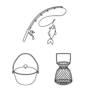 钓鱼和休息大纲图标集合中的设计。钓鱼矢量符号库的解决方法 web 插图