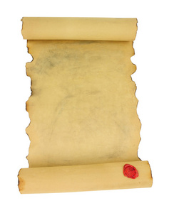 老复古纸卷轴与红色蜡封印隔绝在白色背景上