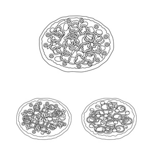 不同的比萨饼轮廓图标集合中的设计。比萨食物矢量符号股票网页插图
