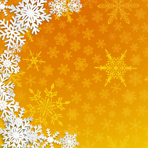 在黄色背景上有阴影的大白雪花的圣诞插图
